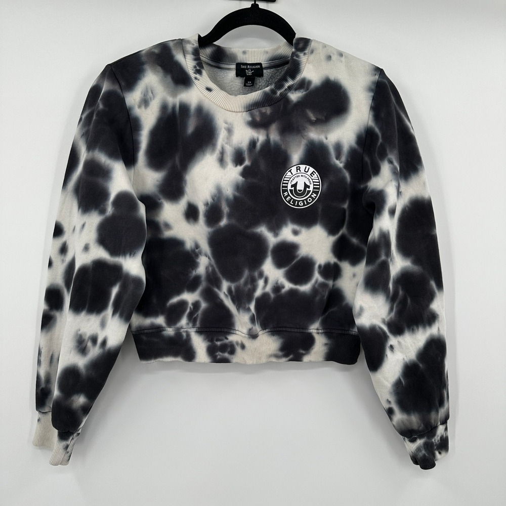 True Religion Tie Dye Cropped Crewneck Sweatshirt Women's Size S/P Black White